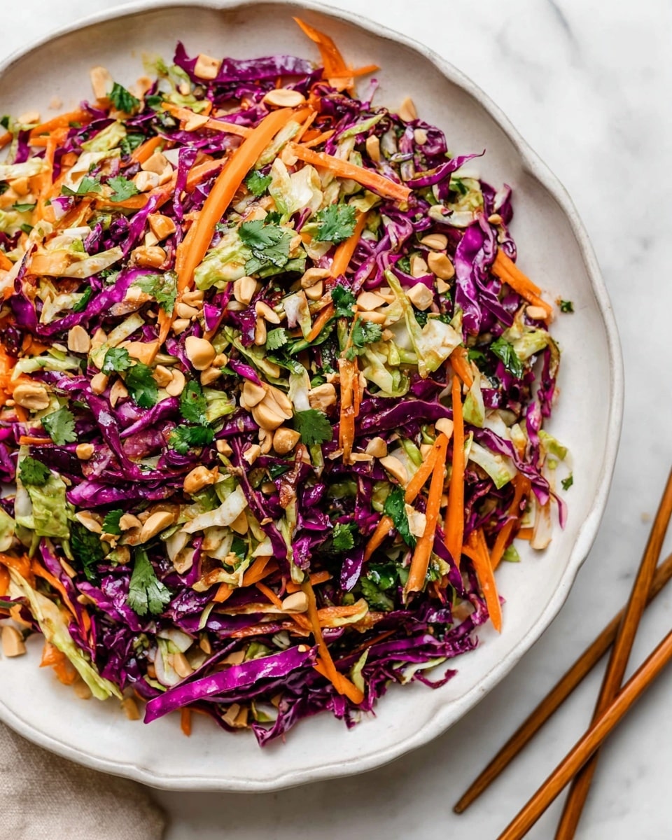 A close-up view of a colorful salad served in a white bowl with a simple scalloped edge. The salad has three main layers: thin strips of bright purple cabbage, thin orange carrot sticks, and light green shredded lettuce mixed evenly throughout. Small pieces of chopped peanuts and fresh green herbs are scattered on top, giving the salad a crunchy texture. The bowl is placed on a white marbled surface with wooden chopsticks resting nearby. photo taken with an iphone --ar 4:5 --v 7