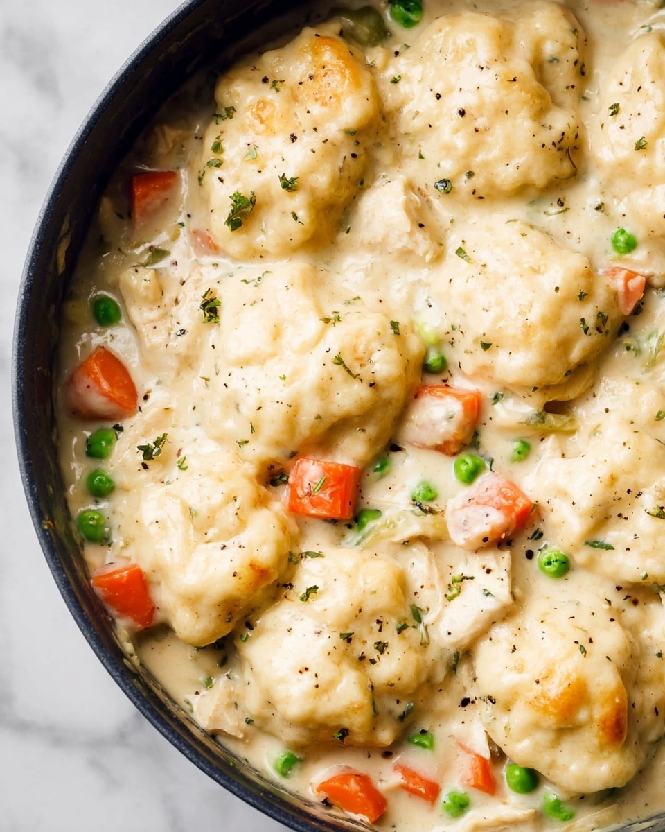 A white bowl filled with a thick creamy stew containing soft, plump dumplings floating on top. The stew has a light beige color with visible chunks of orange carrot slices, green peas, and pieces of white chicken mixed throughout. The stew appears rich and smooth with flecks of black pepper and herbs scattered inside. A silver spoon is partially dipped into the bowl on the right side. The bowl is placed on a white marbled surface with a gray cloth nearby. Another bowl with the same stew is partially visible above. Photo taken with an iphone --ar 4:5 --v 7