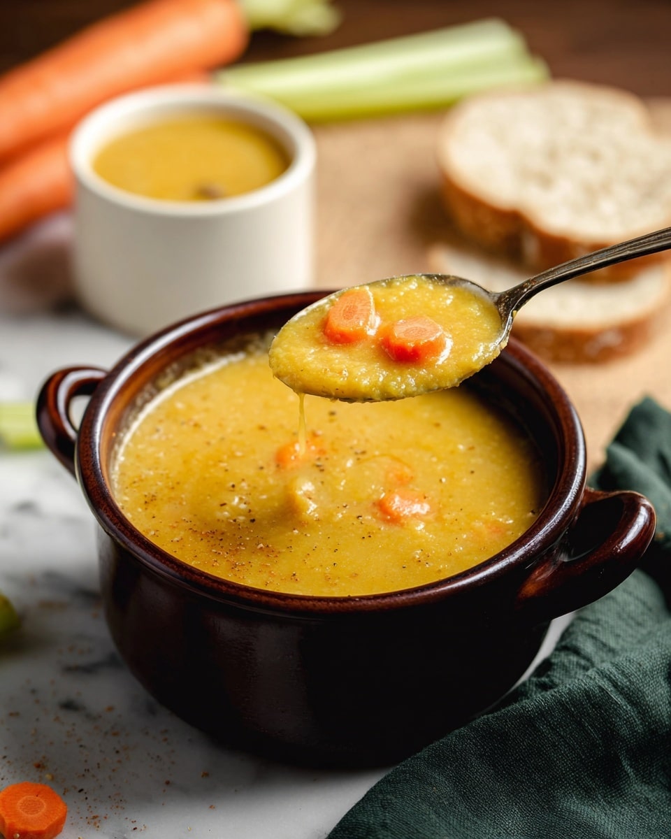 A dark bowl with two small handles holds thick yellowish-green soup filled with small pieces of orange carrot and green celery, with some black pepper sprinkled on top. A spoon lifts a scoop of the soup from the bowl, showing the chunky texture with visible carrot and celery. Nearby, there is part of a white cup with the same soup, fresh celery sticks, orange carrot, and torn pieces of bread on a white marbled surface. A woman's hand holds the spoon from the lower right corner. photo taken with an iphone --ar 4:5 --v 7