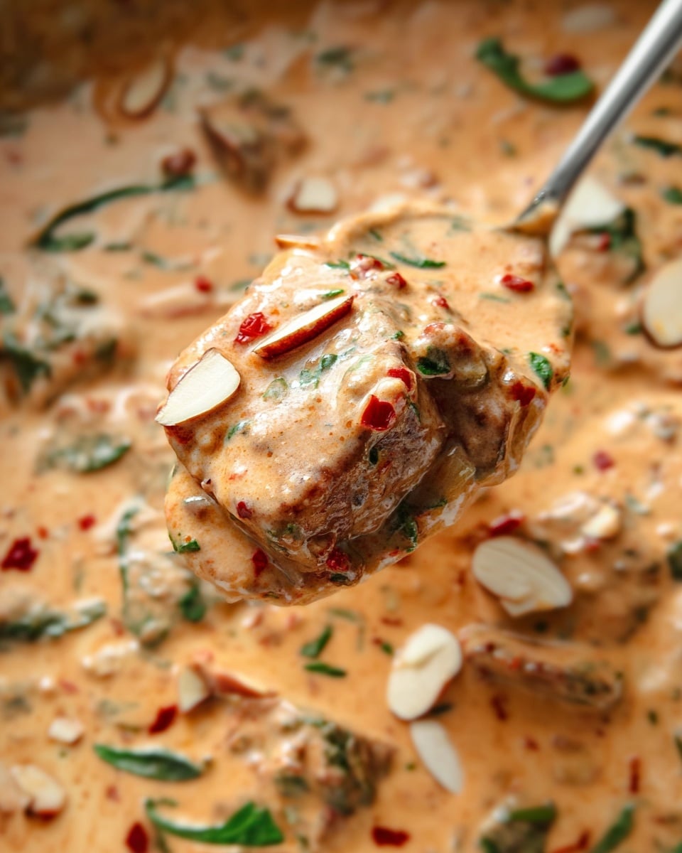A close-up view of a large gray pan filled with creamy orange sauce mixed with pieces of cooked chicken, speckled with small bits of sun-dried tomatoes and green herbs. The chicken pieces are partly submerged in the sauce, showing light golden-brown seared edges. Scattered fresh green basil leaves and thin, off-white cheese shavings are spread on the top. The scene is set on a white marbled surface with some fresh green basil leaves placed casually near the pan. photo taken with an iphone --ar 4:5 --v 7