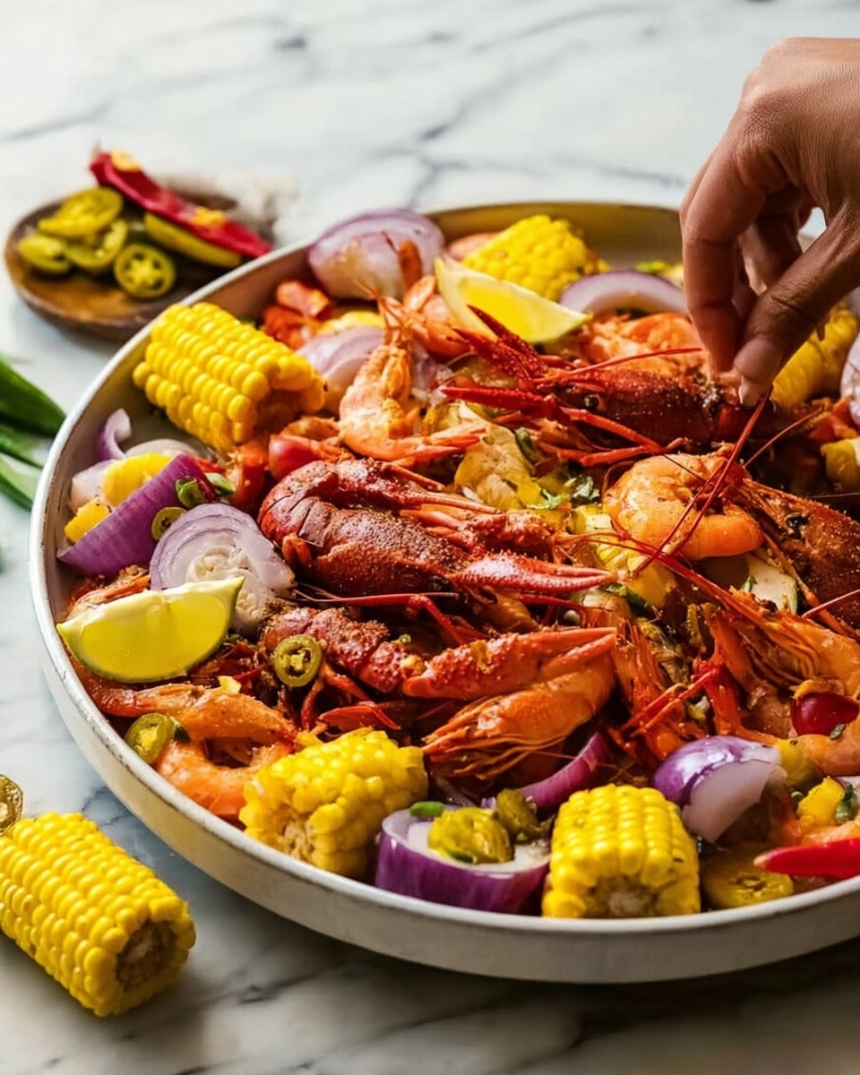 A large white bowl filled with cooked seafood and vegetables arranged in layers: the base layer shows chunks of yellow corn and halved red onions, with bright orange cooked shrimp and large reddish-brown crawfish placed on top. Scattered lemon wedges add a splash of pale yellow, while small purple peppers and red chili peppers enhance the mix with vibrant colors. In the background, a woman’s hand reaches in, about to pick up some food. The bowl sits on a white marbled surface, creating a clean and bright setting. photo taken with an iphone --ar 4:5 --v 7