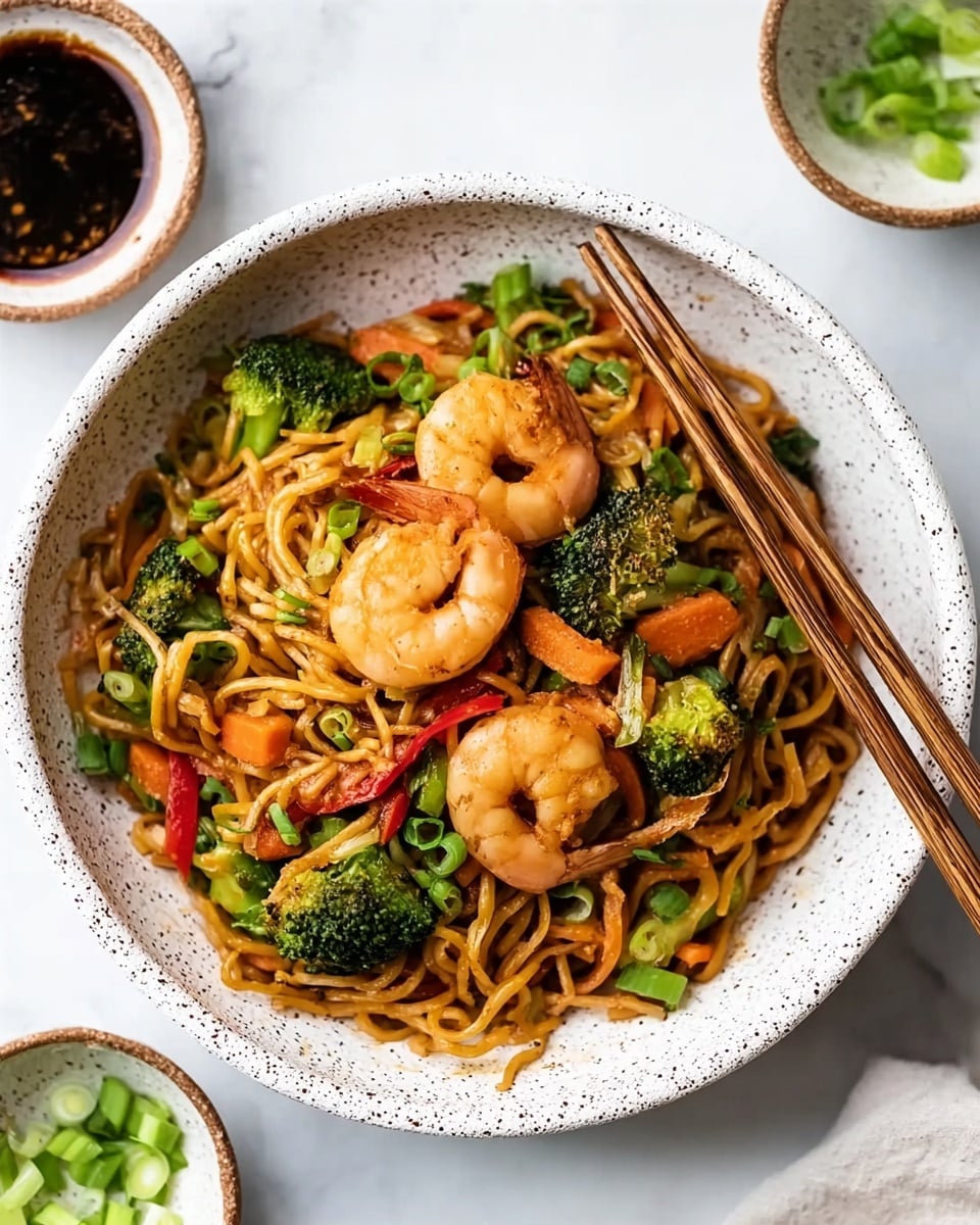 A white speckled bowl holds a colorful shrimp noodle dish with three large, pinkish-orange shrimp placed on top, surrounded by twisted light brown noodles. Bright green broccoli florets and orange carrot slices are mixed evenly within the noodles along with thin red pepper strips. Small chopped green onions garnish the dish, adding a fresh touch. A pair of wooden chopsticks rest on the bowl's edge from the top right. The bowl sits on a white marbled surface next to small bowls containing dark sauce and sliced green onions. Photo taken with an iphone --ar 4:5 --v 7