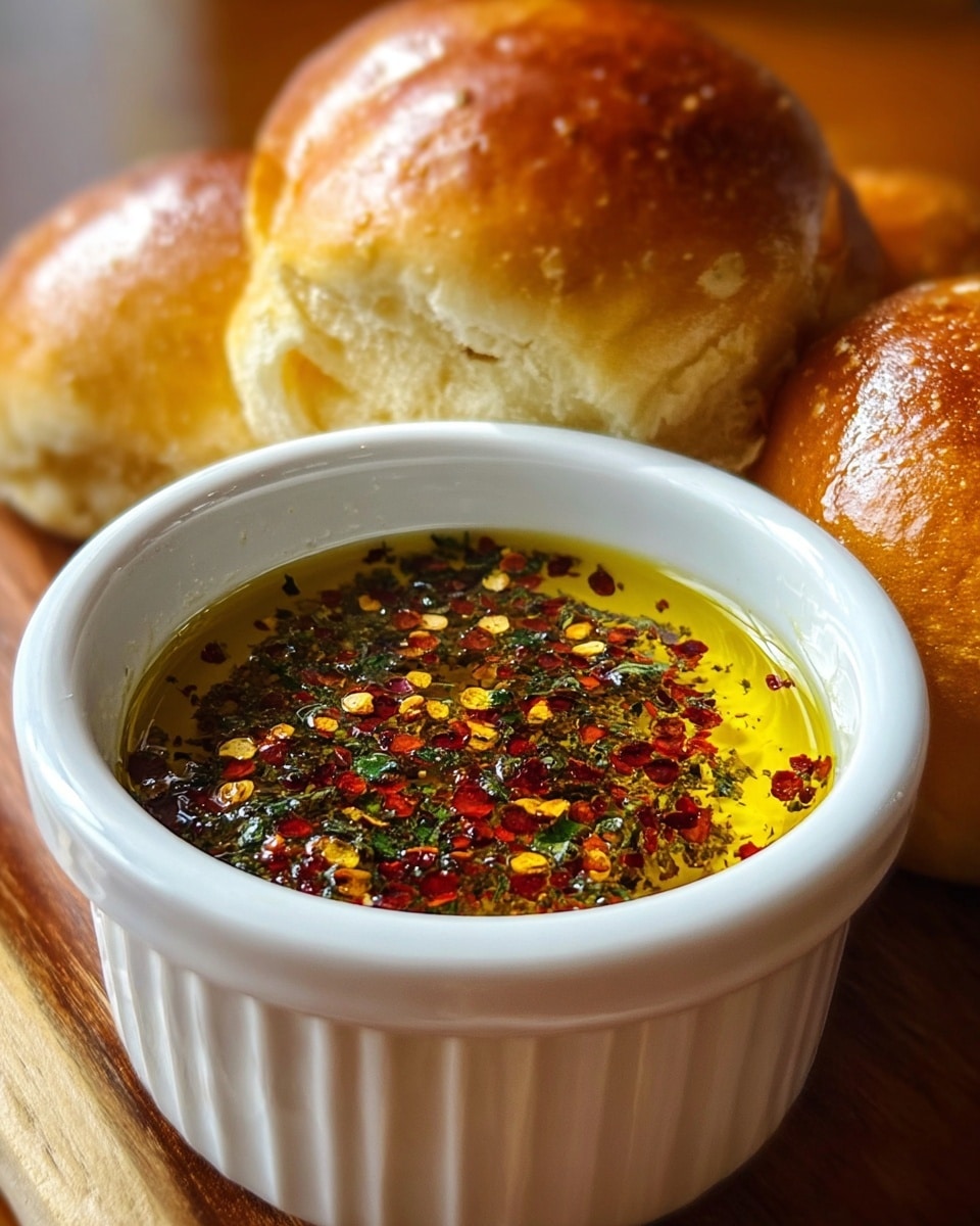 A close-up view of a small white bowl filled with golden olive oil topped with a mix of red chili flakes, green herbs, and black pepper, creating a colorful and textured surface. The bowl has a ridged edge and sits on a white plate against a white marbled surface, with pieces of soft, fluffy bread with a golden-brown crust resting behind it. The bread pieces are arranged loosely and have a warm, inviting texture. Photo taken with an iphone --ar 4:5 --v 7