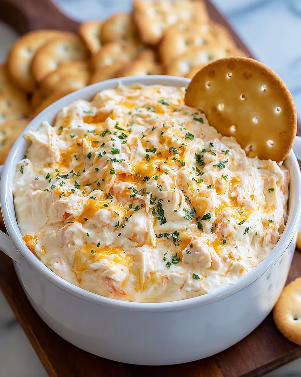 A round white ceramic dish holds a creamy, thick baked dip with a slightly browned top and visible chunks of light beige chicken mixed throughout. The surface has a textured, bubbly appearance with golden brown spots from baking, and small green parsley pieces are sprinkled on top for garnish. The dish is placed on a wooden board next to pieces of crusty bread. The background features a bright window, and the whole scene is set on a white marbled surface. photo taken with an iphone --ar 4:5 --v 7