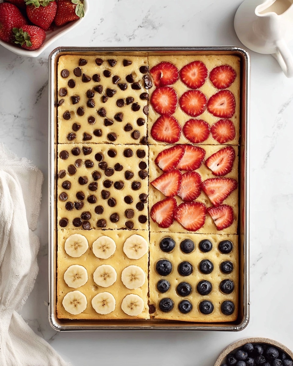A white plate with four square pieces of light yellow pancake topped with three different fruits: red strawberry slices, dark purple blueberries, and dark brown chocolate chips, all sitting in a pool of golden syrup. A silver fork rests on the plate, holding a small triangular piece of the chocolate chip pancake. Nearby, there is a white syrup pitcher and part of a baking tray with sliced bananas baked on top of the same light yellow batter. The scene is set on a white marbled surface with a soft light setting. Photo taken with an iphone --ar 4:5 --v 7