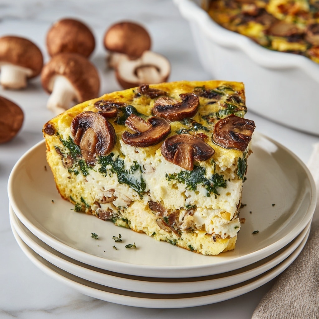 A thick slice of baked frittata sits on the top of a neat stack of five white plates. The frittata has three main layers: a bottom layer of cooked spinach mixed with small pieces of mushrooms, a middle layer of a light yellow egg mixture with bits of onions and herbs, and a top layer that includes browned sliced mushrooms and more cooked spinach, lightly golden and slightly crispy on the edges. The texture looks soft and moist with small vegetable bits well mixed in, and the sides show a dense, firm structure. In the background, there is a white marbled surface with whole and cut brown mushrooms and part of a white baking dish holding the rest of the frittata. photo taken with an iphone --ar 4:5 --v 7