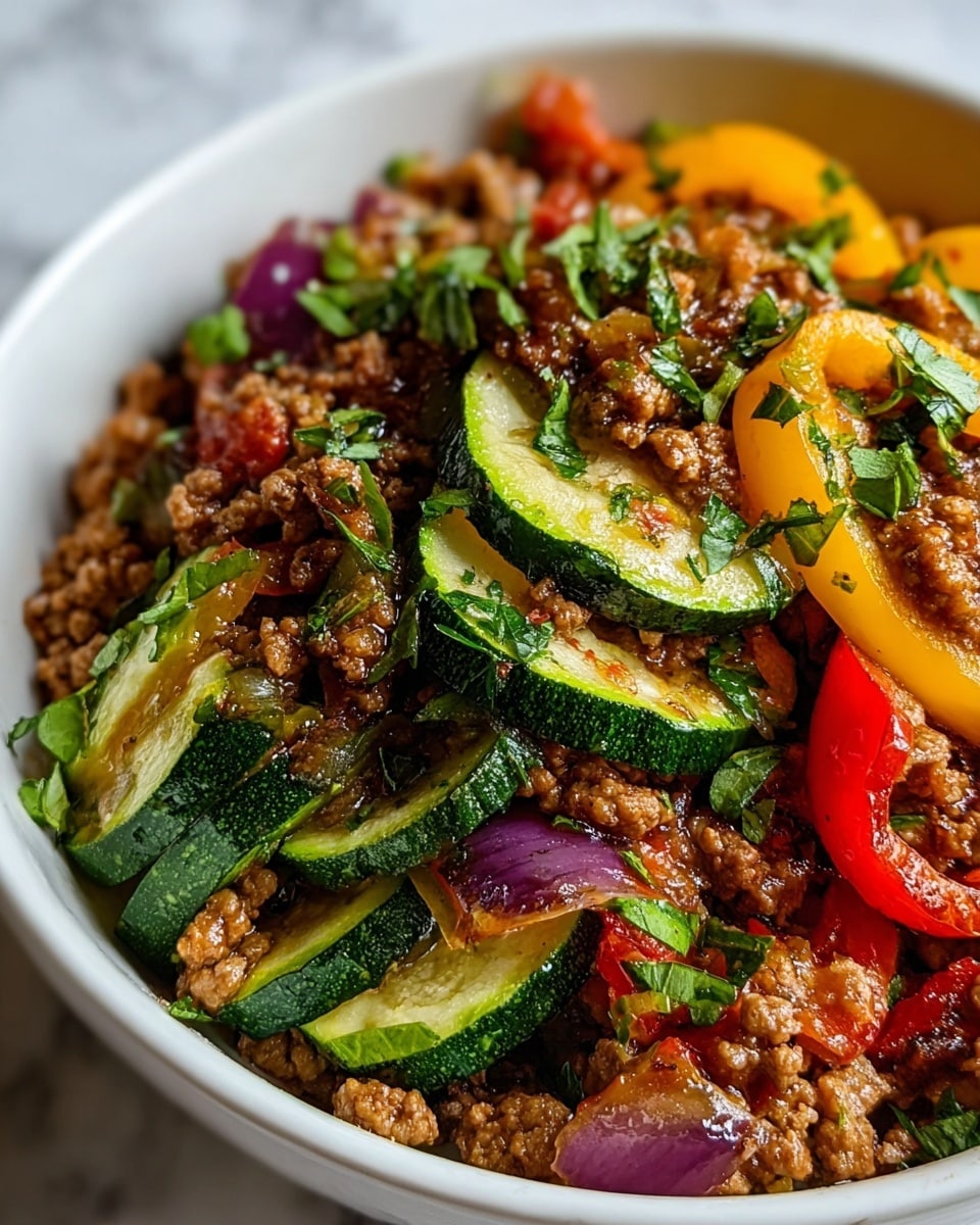 A close-up of a white bowl filled with a colorful mix of cooked ground meat and vegetables. The dish has several layers: the base layer shows slices of green zucchini with a soft texture, mixed with chunks of red and yellow bell peppers and pieces of purple onion that appear slightly caramelized. On top, there is a generous layer of browned, crumbly ground meat scattered evenly, with chopped green herbs sprinkled all over for freshness. The vegetables and meat have a shiny, slightly oily surface that highlights their cooked texture, all placed on a white marbled surface. photo taken with an iphone --ar 4:5 --v 7