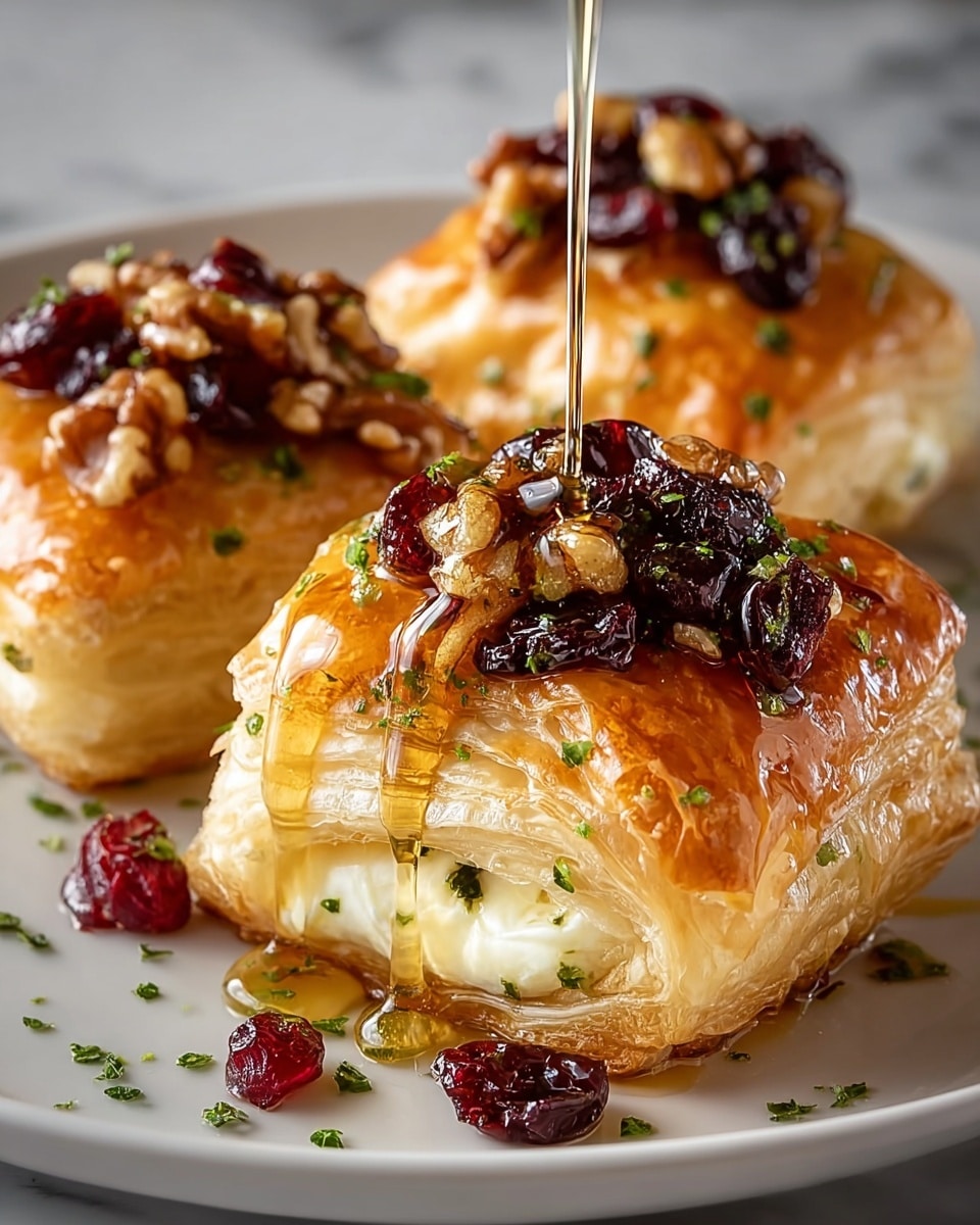 The image shows three golden brown, puff pastry squares filled with soft white cheese, with visible layers of flaky, crispy dough. Each puff pastry is topped with a generous mix of glossy walnuts and dark red dried cranberries, with some fresh green herb bits sprinkled on top. A light amber syrup is being poured over the front pastry, creating a shiny glaze that drips down the sides. Around the pastries on the white plate are scattered cranberries and small green herb flakes, all on a white marbled surface. photo taken with an iphone --ar 4:5 --v 7