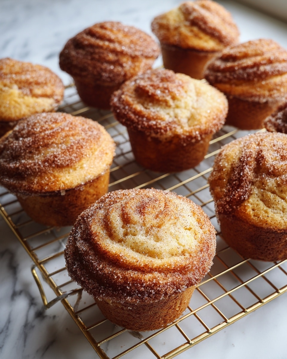 The image shows eight cinnamon sugar muffins cooling on a gold wire rack. Each muffin has a thick, golden-brown crust coated with a light layer of sparkling cinnamon sugar. The muffins have visible spiral layers on top, showing their soft, fluffy texture inside. The muffins are placed close to each other in two rows on the rack. The surface below the rack is a white marbled texture. The lighting highlights the sugar crystals and the warm color of the muffins. photo taken with an iphone --ar 4:5 --v 7