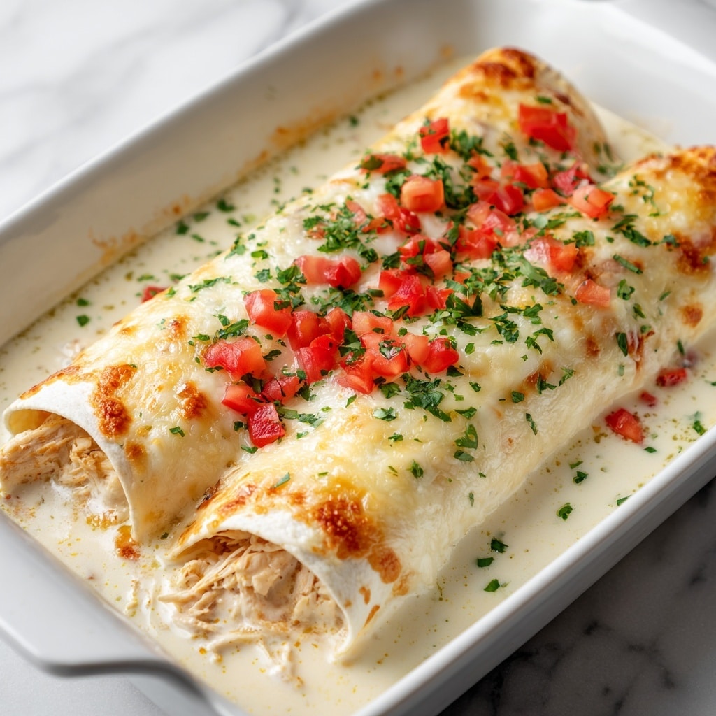 Three large rolled tortillas are placed side by side on a white rectangular plate. They are covered with a thick, creamy white sauce that has melted cheese, with golden brown spots from baking. The sauce is speckled with small bits of red and green herbs, and finely chopped green herbs are sprinkled on top. In the center of the dish, there is a small pile of diced red tomatoes mixed with green herbs. A second white rectangular dish in the background holds shredded yellow cheese. The plate is sitting on a white marbled textured surface. photo taken with an iphone --ar 4:5 --v 7