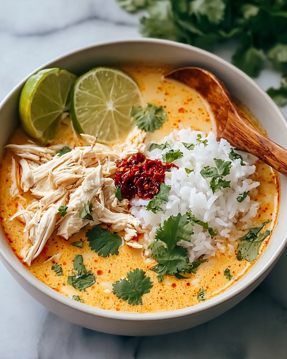 A white bowl filled with a creamy orange soup with visible oil droplets, topped with shredded white chicken slices placed in the center, a mound of white rice on the side, bright green cilantro leaves scattered around, two lime wedges resting on the left edge, and a small dollop of red chili paste on top near the chicken; a brown spoon is partially dipped into the soup on the right side, all placed on a white marbled texture. photo taken with an iphone --ar 4:5 --v 7