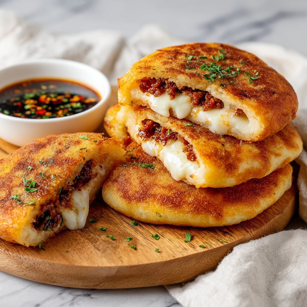 The image shows a wooden board with four golden brown, round stuffed pancakes stacked closely. Each pancake is thick with a crispy, browned outer layer that has a slightly rough texture. The pancakes are cut open to show a gooey white melted cheese layer inside, along with a reddish-brown cooked meat filling. The top of the pancakes is sprinkled with small bits of green herbs. To the left of the pancakes is a small white bowl filled with dark dipping sauce that has green herbs and red spices floating on the surface. The whole scene is set on a white marbled surface with a soft cloth napkin partially visible on the side. photo taken with an iphone --ar 4:5 --v 7