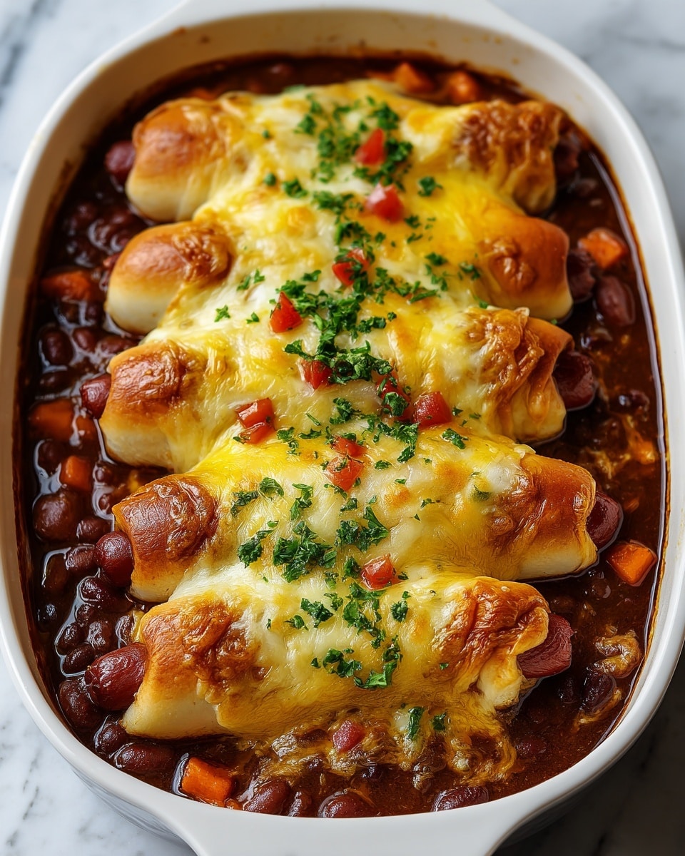 The image shows a white oval baking dish filled with five crescent roll wrapped hot dogs placed in a single layer, each topped with melted golden cheddar cheese and sprinkled with chopped green herbs. The bottom layer is a thick, chunky reddish-brown sauce that surrounds the hot dogs, with some cheese browned and bubbly spots on the pastry. The dish sits on a wooden surface with a white marbled texture background partly visible. Photo taken with an iphone --ar 4:5 --v 7