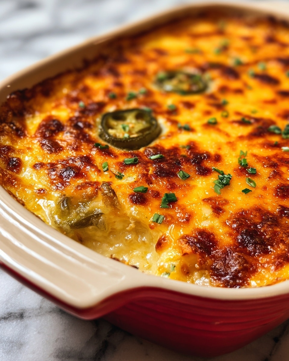 A close-up of a baked dish in a white casserole dish with red edges, showing a golden-brown top layer of melted cheese with bubbly spots. Underneath, there are slices of green jalapeño peppers partially visible through the cheese layer. The cheese has a mix of light yellow, deep golden, and slightly browned areas, sprinkled with small bits of chopped green herbs, adding texture on top. The casserole dish sits on a white marbled surface, giving a clean and bright background. Photo taken with an iphone --ar 4:5 --v 7