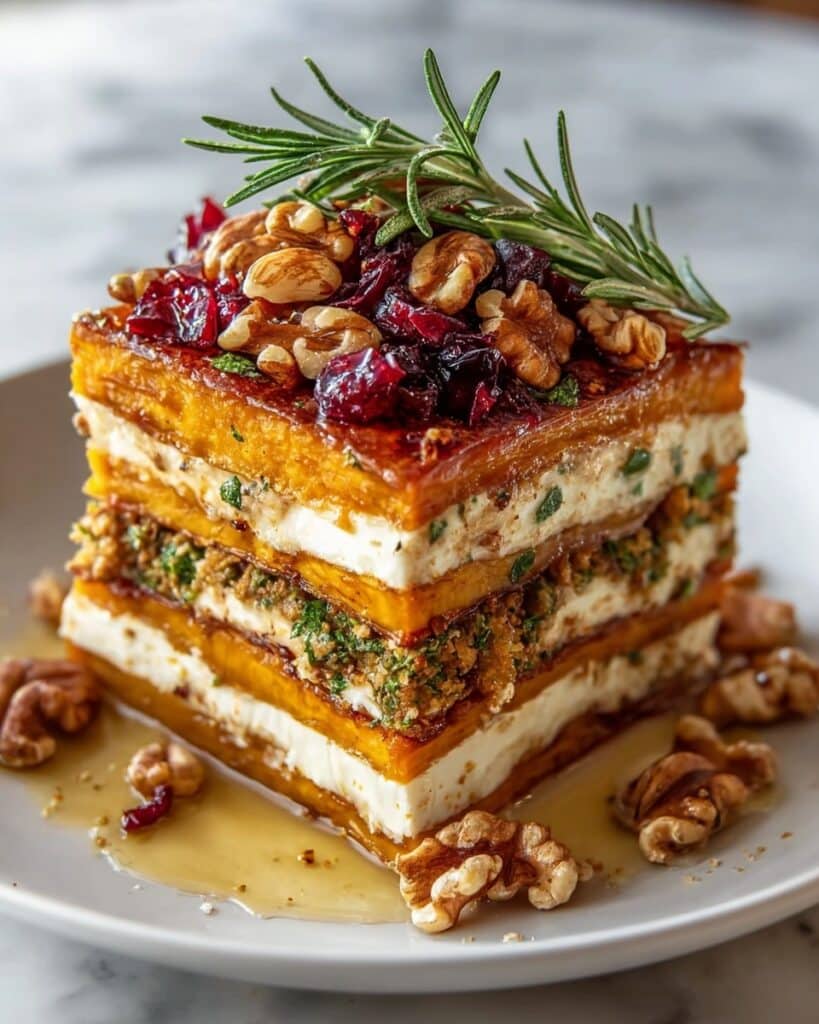 Potato, Butternut Squash, and Carrot Lasagna with Feta, Walnuts, and Cranberry Balsamic Glaze Recipe