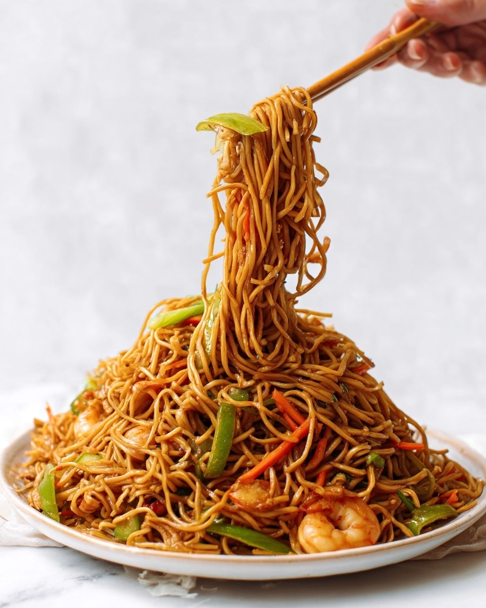 The image shows a large pile of brown stir-fried noodles on a white plate. Mixed inside the noodles are small pieces of light-colored shrimp, green vegetable slices, and thin orange carrot strips. A woman's hand is holding wooden chopsticks, lifting a clump of noodles with some shrimp and a green vegetable piece from the plate. The background is a white marbled texture. The lighting highlights the glossy and slightly oily surface of the noodles, making them look fresh and tasty. Photo taken with an iphone --ar 4:5 --v 7