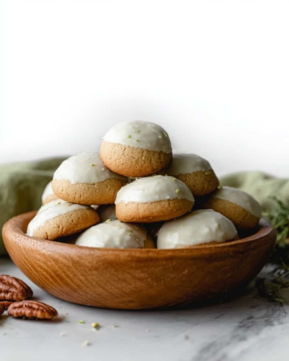 A wooden bowl filled with about ten small round cookies stacked in a pyramid shape. Each cookie has a light golden brown base and a smooth, white icing on top that covers half of the cookie. The bowl is placed on a white marbled surface, and a few pecans rest beside the bowl. A bit of green fabric is softly visible on the right side, adding a gentle touch of color. The lighting is soft and natural, making the cookies look fresh and inviting. Photo taken with an iphone --ar 4:5 --v 7