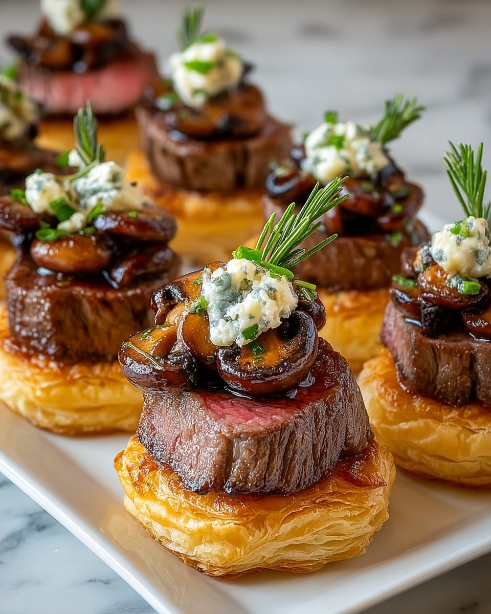 The image shows bite-sized appetizers arranged neatly on a white square plate set on a white marbled surface. Each bite has three layers: the base is a golden, flaky puff pastry ring with a crispy texture; on top of the pastry sits a thick, juicy seared steak medallion with a caramelized dark brown crust and tender center; the top layer consists of glossy sautéed mushrooms and a small dollop of creamy white cheese sprinkled with finely chopped green herbs. A small sprig of fresh rosemary stands upright on one of the pieces, adding a pop of green. The lighting highlights the glossy textures and rich colors of the dish, making it look fresh and appetizing. photo taken with an iphone --ar 4:5 --v 7