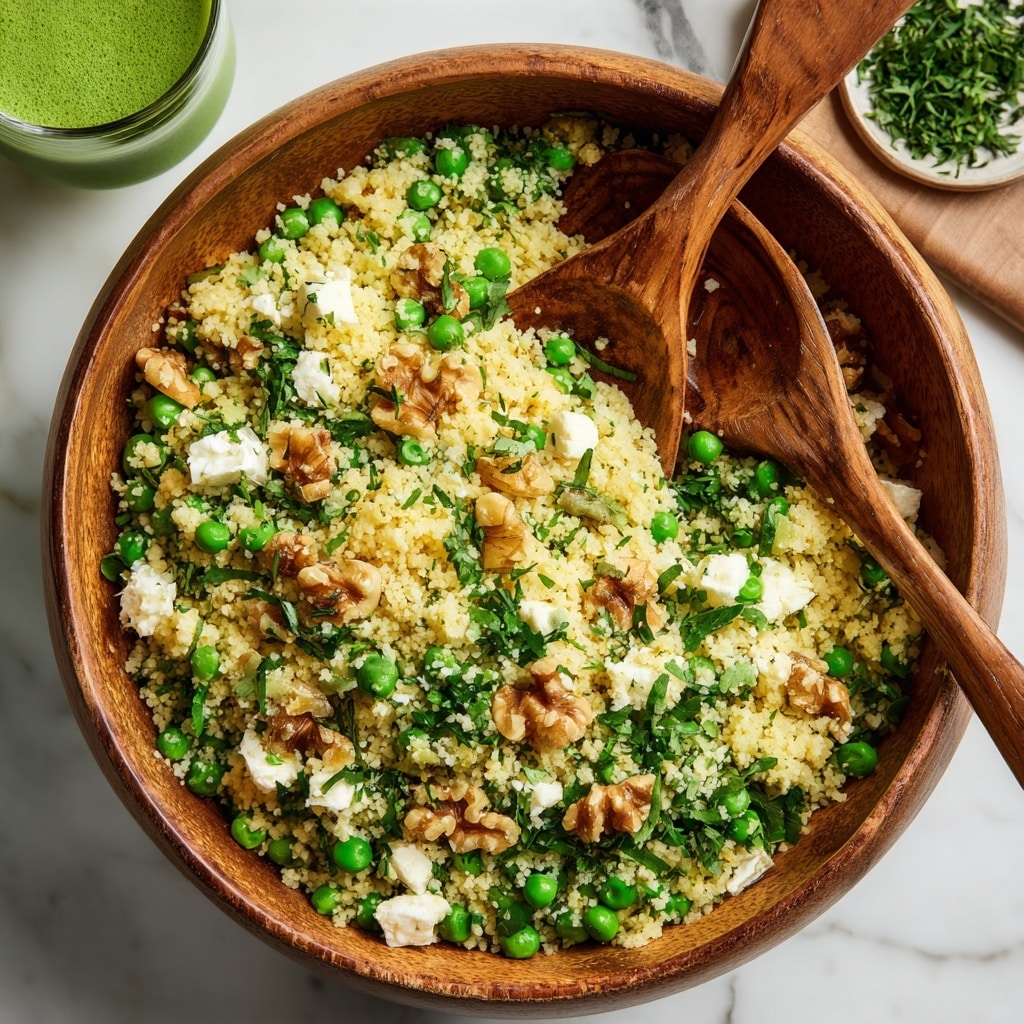 A wooden bowl holds a fresh salad with three main layers visible: a base layer of light yellow couscous mixed evenly throughout, bright green peas scattered densely, and white soft chunks of cheese mixed in between. Small pieces of chopped walnuts add a crunchy texture on top, with some green herbs sprinkled all over. Two large wooden spoons rest inside the bowl, partially buried in the salad, showing the grain of the wood clearly. In the blurred background, a glass of green juice sits on a white marbled surface. photo taken with an iphone --ar 4:5 --v 7