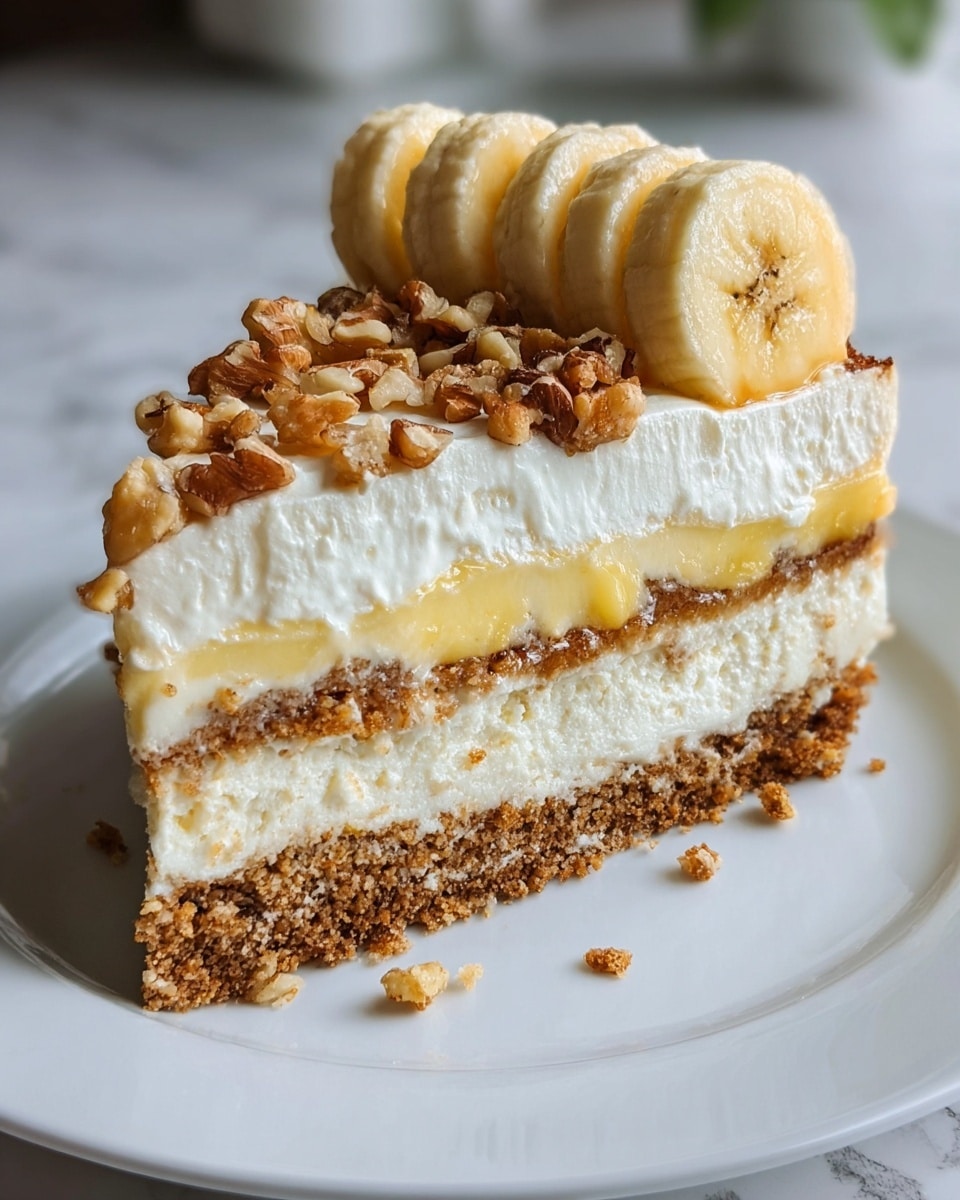 A slice of layered dessert sits on a white plate with a white marbled texture background. The dessert has four main visible layers: the bottom is a crumbly golden brown crust, above it is a thick white creamy layer with a soft texture, then a layer of smooth yellow custard mixed with a crumbly brown layer, followed by a thin white cream layer on top. The slice is topped with round slices of banana placed upright along the top edge, with small brown crumbs and chopped nuts scattered around them. Photo taken with an iphone --ar 4:5 --v 7