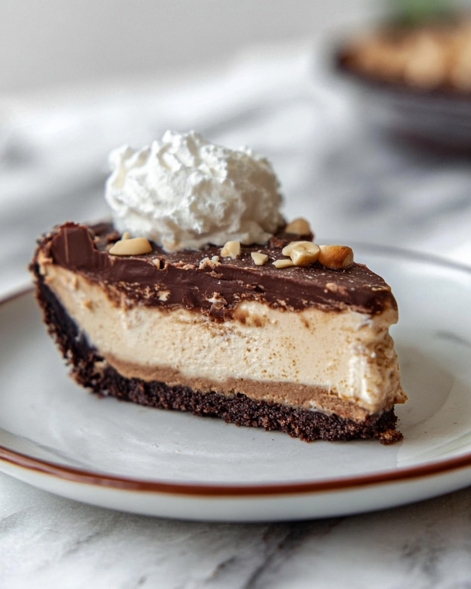 A slice of pie with three distinct layers sits on a white plate with a thin brown rim. The bottom layer is a dark brown crumbly crust. Above it, the middle layer is a thick, creamy beige filling with a smooth texture. The top layer is a dark chocolate with small light tan nut pieces embedded in it. On top of the pie slice is a dollop of fluffy white whipped cream. The plate is placed on a white marbled surface with soft background blur. Photo taken with an iphone --ar 4:5 --v 7
