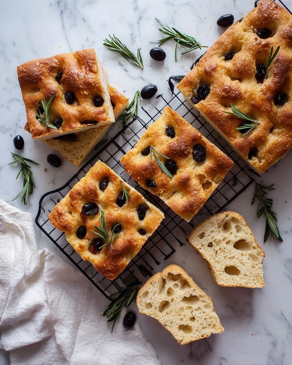 A golden brown focaccia bread with a light, bubbly texture is cut into square pieces, arranged on and around a black cooling rack. The bread has a crispy top with darker browned spots and is dotted with black olives and green rosemary sprigs, which add contrast to the warm color. The inside of the cut pieces shows a soft, airy crumb with irregular holes. Fresh rosemary sprigs and some loose black olives are scattered on a white marbled surface around the bread. A white cloth is casually placed to the side. photo taken with an iphone --ar 4:5 --v 7