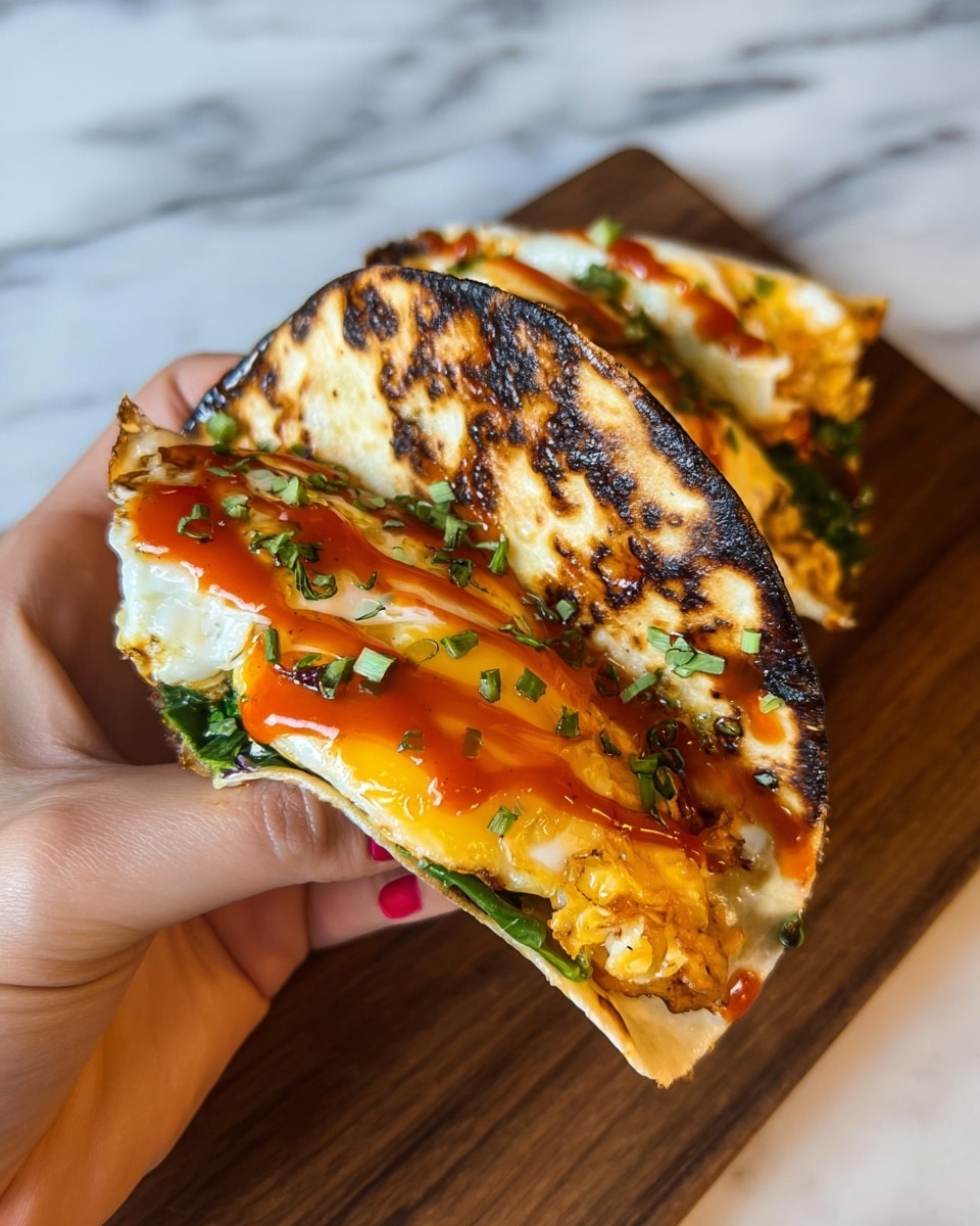 A close-up view of two tacos held by a woman's hand with red-painted nails, each taco showing a slightly browned, folded tortilla as the base. The first visible layer inside each taco is a cooked, bright yellow egg yolk surrounded by slightly crispy white egg edges. Below the egg, there is a bed of green leafy vegetables, and the eggs are drizzled with red sauce and topped with small chopped green herbs. The tacos rest on a wooden board with a blurred background of white marble texture. photo taken with an iphone --ar 4:5 --v 7