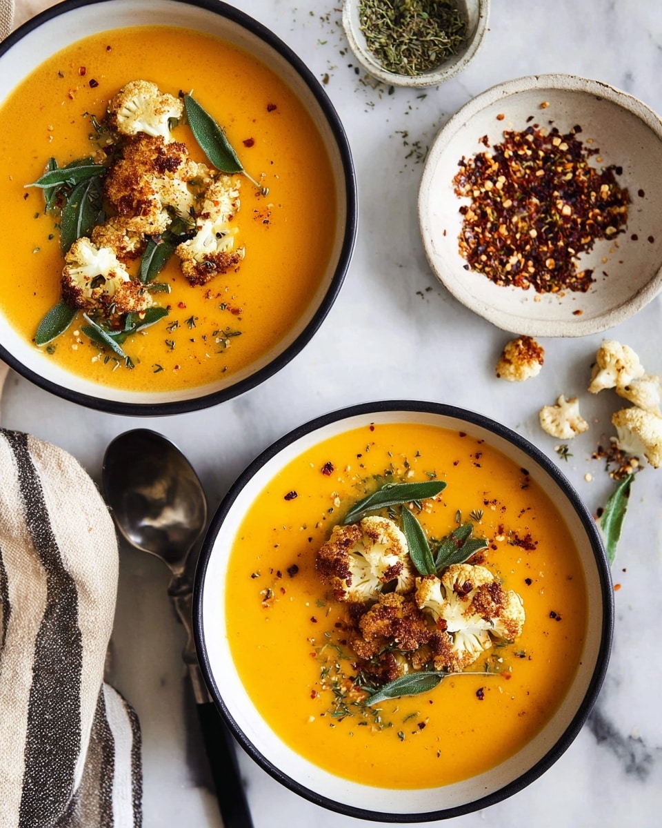Two white bowls with black rims hold a smooth, bright orange soup topped with five to six crispy browned cauliflower florets and scattered fresh green leaves, all sprinkled with crushed red pepper flakes and a green herb powder. Nearby, a white bowl contains more red pepper flakes, green herbs, and cauliflower pieces, resting on a white marbled surface. Two spoons with black handles lie next to the bowls, accompanied by a few browned cauliflower florets and crumbs. A beige and black striped cloth is partially visible in the bottom left corner. photo taken with an iphone --ar 4:5 --v 7