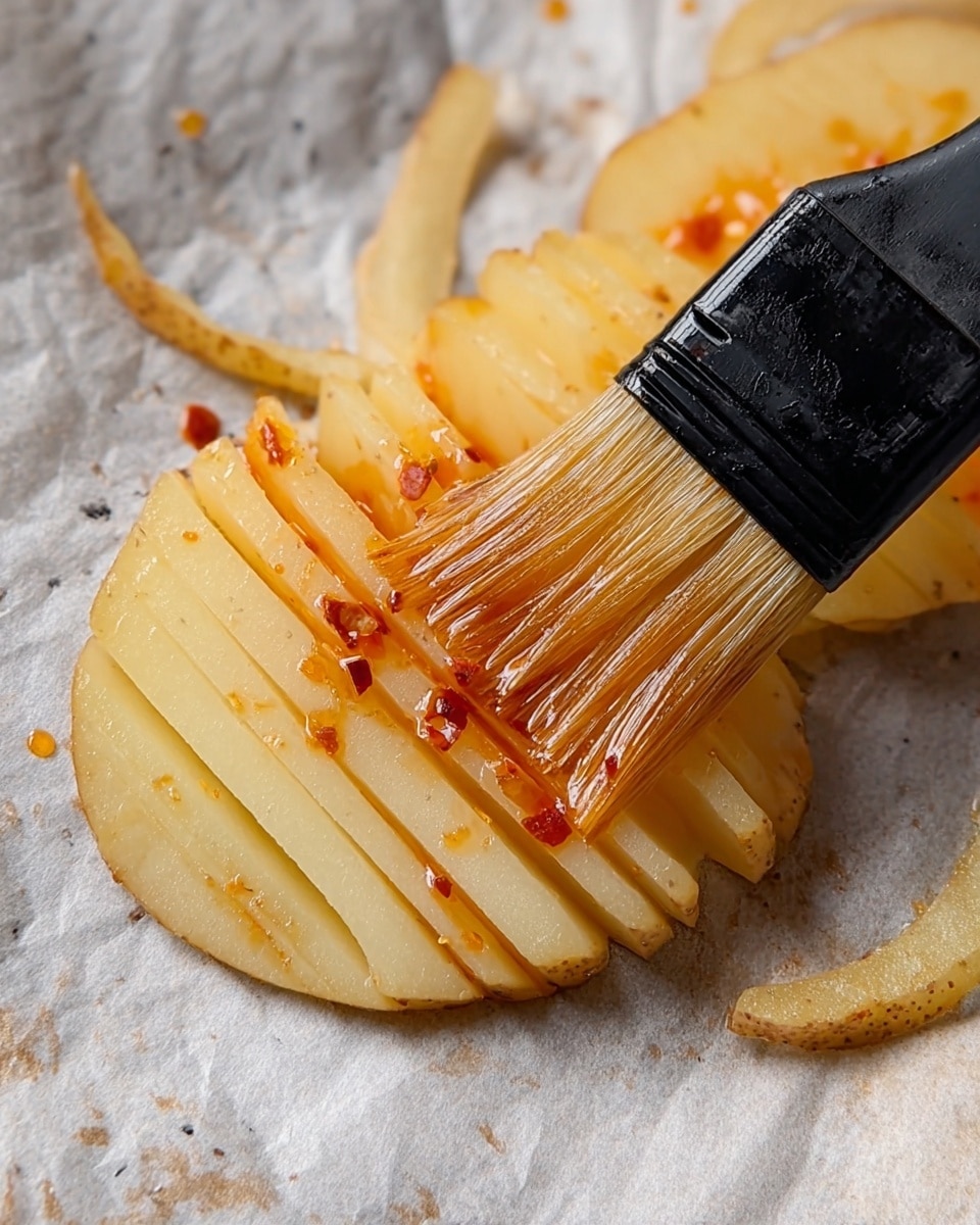 A close-up of a thinly sliced piece of potato with thin vertical cuts almost reaching the bottom, lying on parchment paper with a white marbled texture underneath. A black brush is spreading a shiny orange oil mixture with visible chili flakes and spices evenly over the top of the potato. On the edges, some thin slices of potato peel are visible. The brush bristles are coated with the spiced oil, adding a glossy texture to the pale yellow potato slices. photo taken with an iphone --ar 4:5 --v 7