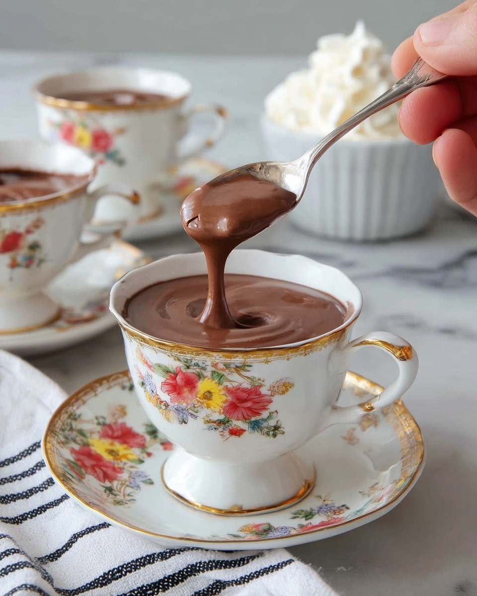A white tea cup with a floral pattern of red and yellow roses and green leaves, trimmed with gold on the handle, base, and rim, is filled with thick, rich brown chocolate. A woman's hand holds a silver spoon above the cup, lifting smooth chocolate that drips back into the cup. The cup sits on a matching white saucer with the same floral design, all placed on a surface with a white marbled texture. In the background, another matching teacup and saucer filled with similar chocolate and a cup topped with white whipped cream are softly out of focus. Photo taken with an iphone --ar 4:5 --v 7