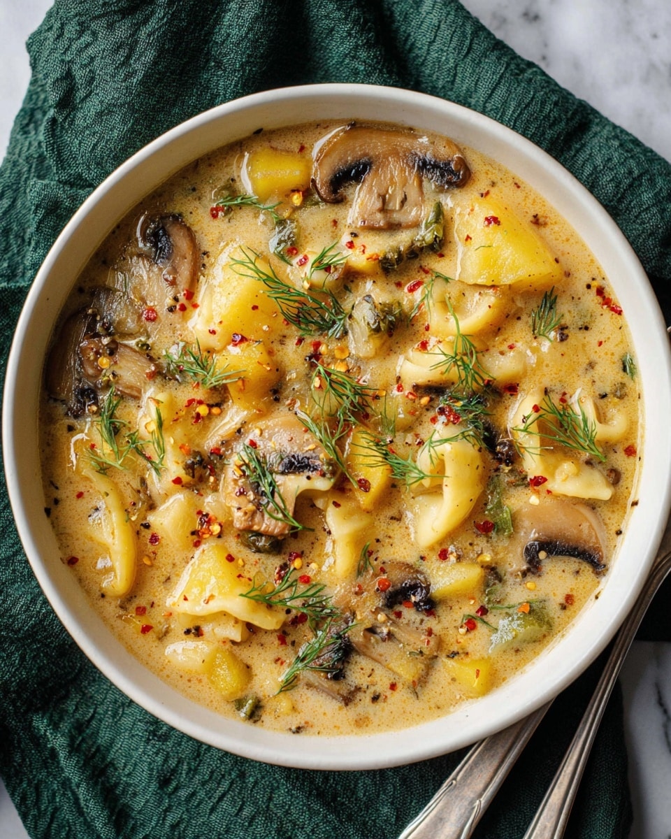 The image shows a white bowl filled with a creamy soup that has several visible layers of ingredients. The base is a rich, light beige broth with small bubbles. There are chunks of yellow potatoes, curved pieces of light brown mushrooms, small elbow-shaped macaroni pasta, and fresh green dill sprigs scattered throughout. The soup is also sprinkled with crushed red pepper flakes and black pepper for a textured look. The bowl is placed on a dark green cloth atop a white marbled surface, with a white-handled spoon partially visible on the right side. Photo taken with an iphone --ar 4:5 --v 7