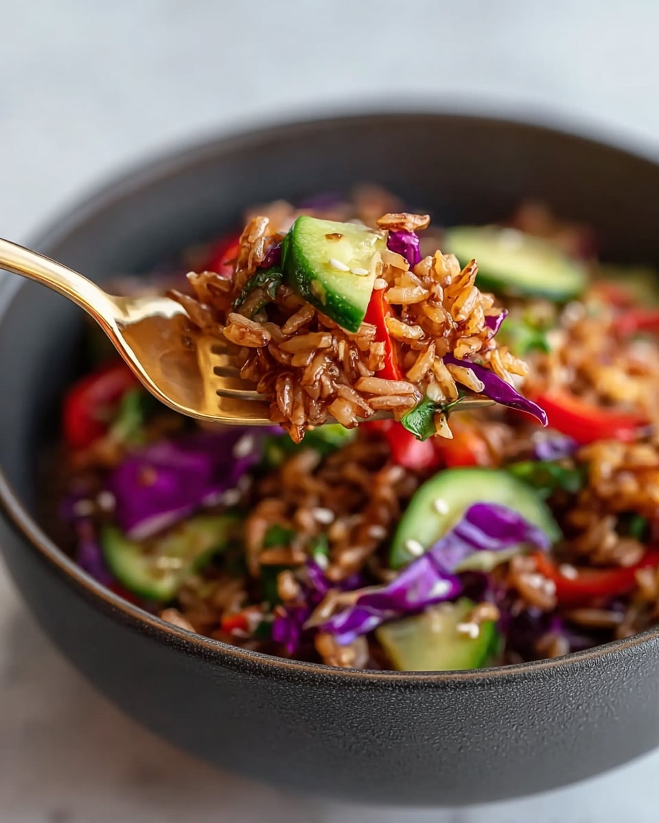 A close-up of a bowl showing a layered salad with a base of cooked brown rice, topped with slices of green cucumber and shredded purple cabbage, scattered bright orange carrot strips, and thin red bell pepper pieces. Fresh green herbs are spread across the top, drizzled with a creamy light brown sauce, and sprinkled with small white sesame seeds. The bowl is white and sits on a white marbled surface, with part of a lemon and a jar with a beige substance blurred in the background. photo taken with an iphone --ar 4:5 --v 7