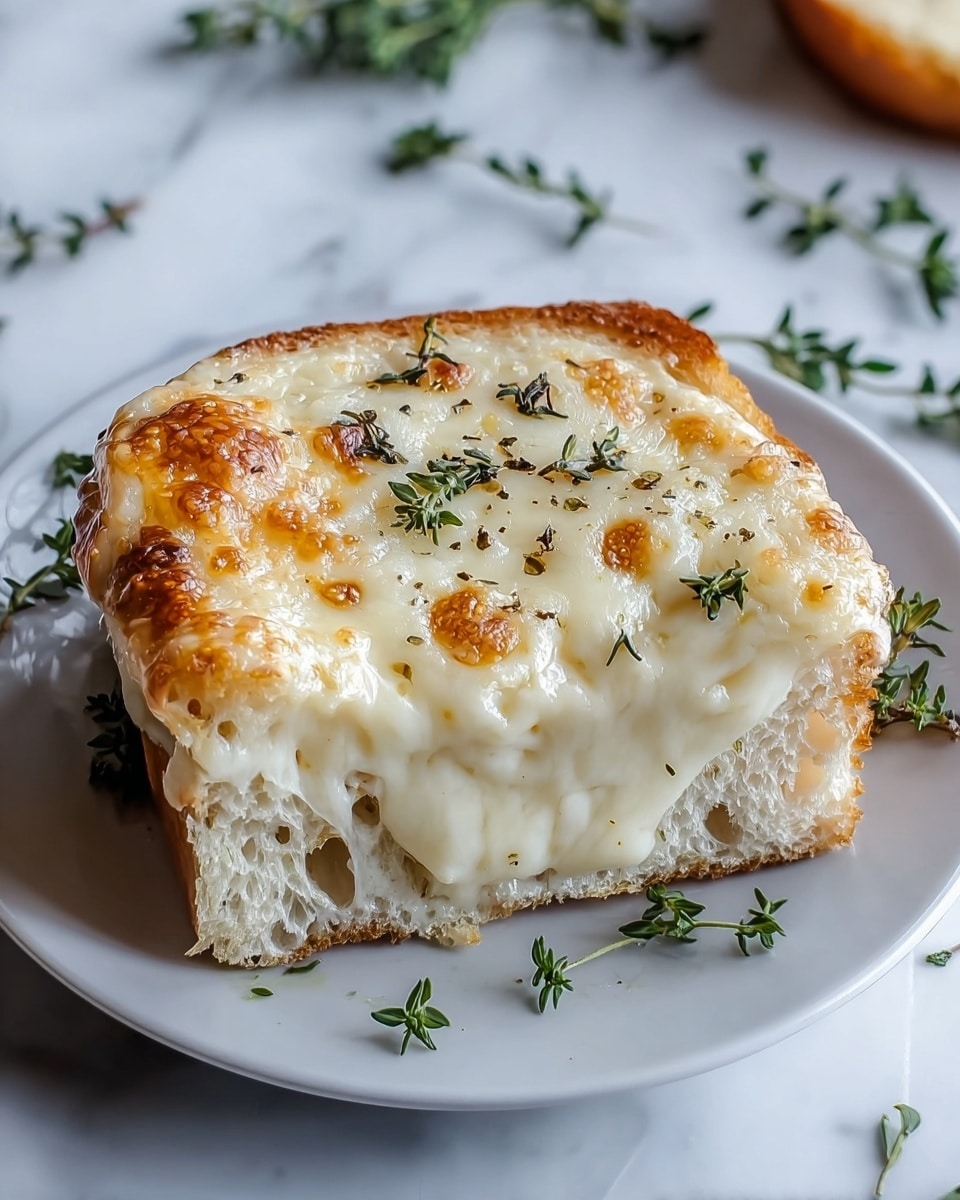 A thick slice of white bread serves as the base layer, soft and porous with visible air holes. On top, there is a rich, creamy layer of melted cheese that stretches slightly over the edges, golden brown in spots where it is baked to a light crisp. The cheese surface has a shiny, smooth texture with small browned bubbles. Fresh green thyme sprigs are placed on the cheese, adding a touch of freshness and color contrast. The toast is placed on a small white plate, with scattered fresh thyme leaves around it on a white marbled surface. photo taken with an iphone --ar 4:5 --v 7