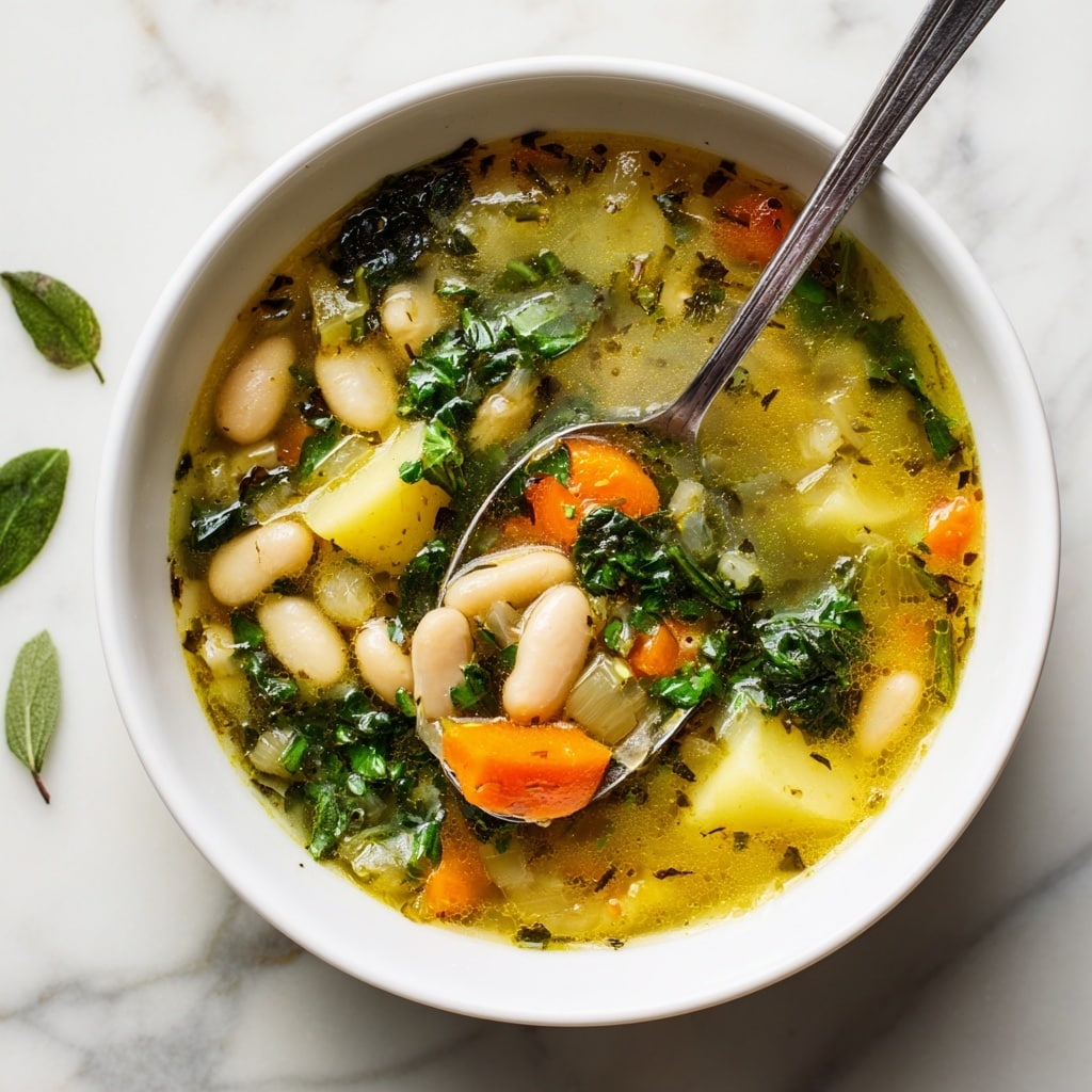 A white bowl filled with a vegetable soup showing clear broth with a green herb mix floating on top, white beans, small chunks of yellow potato, diced onions, and small pieces of carrot visible within. The soup is garnished with fresh green parsley and basil leaves on top, and a silver spoon rests inside the bowl holding some of the soup. The bowl is placed on a white marbled surface with a few fresh basil leaves scattered near it. photo taken with an iphone --ar 4:5 --v 7