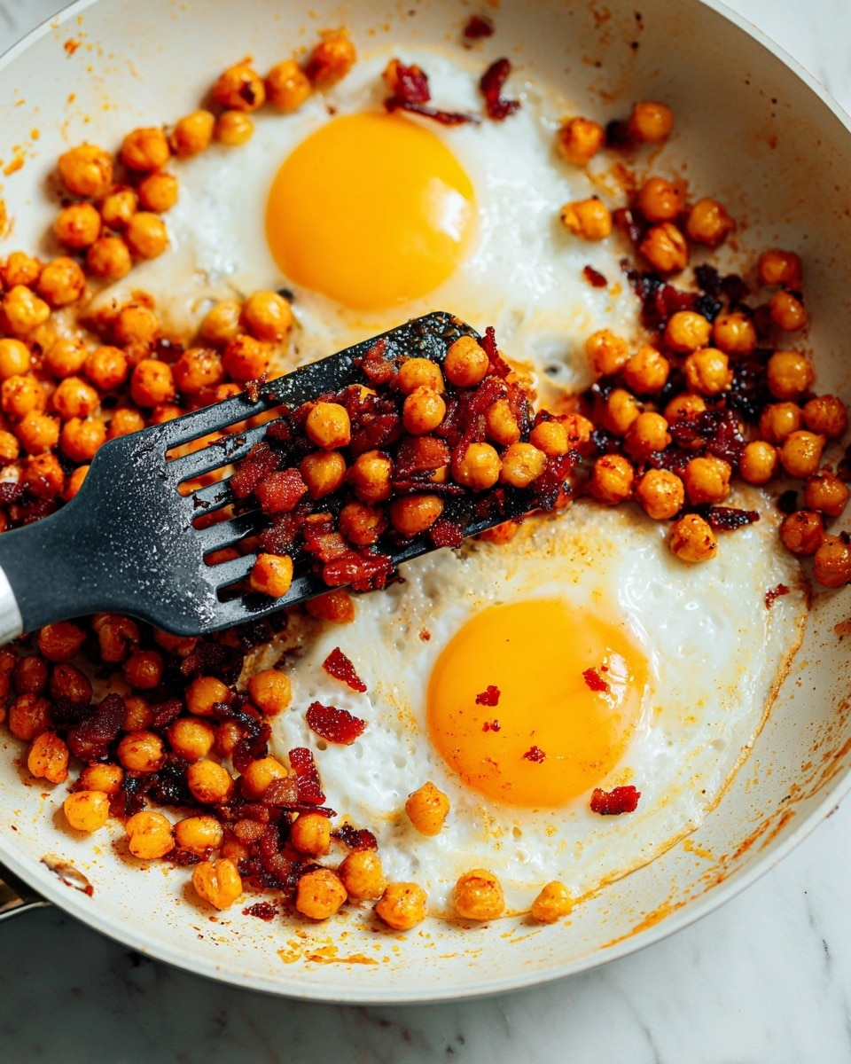 Two fried eggs with bright yellow yolks and white edges are on a white plate, each surrounded by a thick ring of roasted chickpeas that are golden brown with a slight char. Small green herb leaves are sprinkled over the eggs and chickpeas, adding fresh green color. A silver fork rests on the left side of the plate, all set on a bright yellow cloth against a white marbled surface. photo taken with an iphone --ar 4:5 --v 7