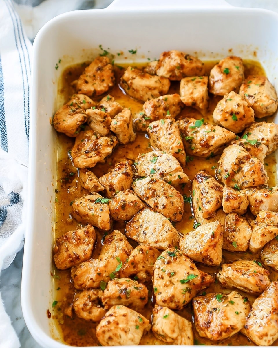 The image shows a white rectangular baking dish filled with cooked chicken pieces that have a golden brown color and a slightly crispy texture. The chicken is cut into bite-sized chunks and scattered evenly across the dish, sitting in a light brown sauce with a shiny, moist finish. Small green herb bits are sprinkled over the chicken, adding a touch of color contrast. The background includes a white marbled texture with a white and blue striped cloth partially visible on the side. Photo taken with an iphone --ar 4:5 --v 7