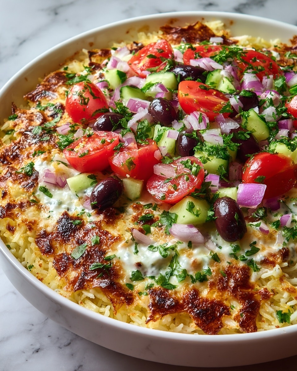 The image shows a white round dish filled with a baked casserole that has a golden-brown, slightly crispy top layer with some slightly burnt edges. The base layer is creamy and light yellow, likely made of rice or a similar grain. On top, there is a layer of white creamy sauce scattered with chopped bright green parsley, small cubes of pale green cucumber, halves of shiny red cherry tomatoes, dark purple olives, and thin slices of purple onion. The ingredients are spread evenly across the top, creating a colorful and fresh look against the golden casserole beneath. The dish is placed on a white marbled surface. photo taken with an iphone --ar 4:5 --v 7
