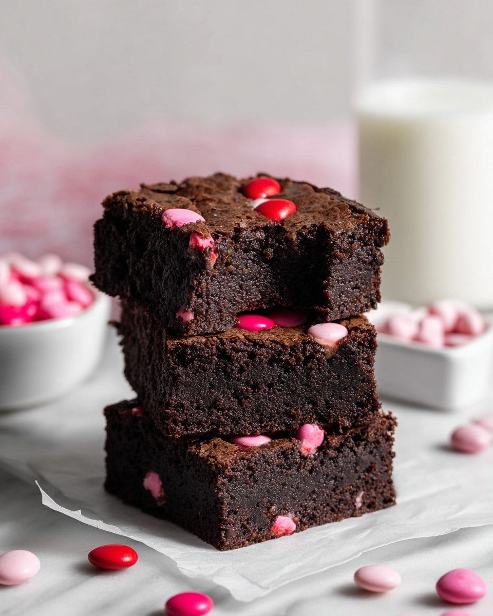 A batch of dark brown chocolate brownies cut into nine square pieces sits on crinkled white parchment paper over a white marbled surface. The brownies have a slightly cracked top and are topped with colorful red, pink, white, and magenta candy-coated chocolates scattered evenly across each piece, some slightly cracked revealing the chocolate inside. Two brownie squares are slightly separated from the main batch, showing the thick, fudgy texture of the brownies. Additional candy pieces are scattered around the parchment and marbled surface, adding a playful touch. photo taken with an iphone --ar 4:5 --v 7