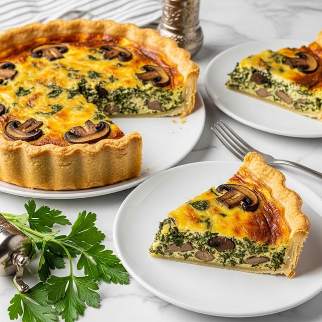 The image shows a golden brown quiche with a thick, flaky crust, filled with a creamy mixture containing visible pieces of mushrooms and green herbs. The quiche has a slightly browned top layer with a glossy, cheesy texture and scattered dark mushroom slices. Two triangular slices of the quiche are served on two separate white plates, each slice showing the thick crust edge and the dense filling inside with green herb flecks. The quiche and plates are set on a surface with a white marbled texture and fresh green parsley leaves are placed near the bottom left corner. A silver pepper mill and fork are also partly visible near the plates. Photo taken with an iphone --ar 4:5 --v 7