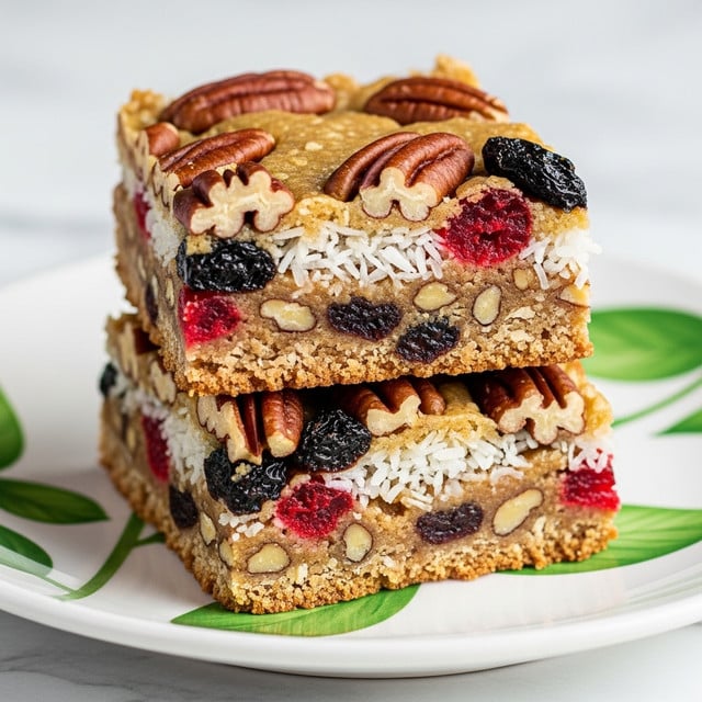 A close-up view of two square granola bars stacked on top of each other on a white plate with green leaf patterns, placed on a white marbled surface. The bars have a crunchy texture with visible layers of different ingredients. The top layer is filled with whole brown pecans, dark raisins, bright red dried cherries, and shredded white coconut flakes, all embedded in a golden-brown base that looks crumbly but holds the pieces tightly together. The bar's edges are rough and uneven, showing the natural mix of nuts, fruit, and grains inside. Photo taken with an iphone --ar 4:5 --v 7