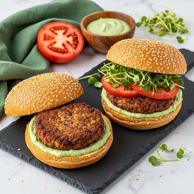Two sesame seed burger buns sit open on a dark slate board over a white marbled surface. One bun has a thick, browned veggie patty resting on a layer of green creamy sauce spread on the bottom bun. The other burger is stacked with the same veggie patty on green sauce, topped with two bright red tomato slices and a small pile of fresh green sprouts. The top bun is placed beside each burger. A halved tomato and a small wooden bowl filled with the same green sauce are also visible. Nearby are some scattered sprouts and a green cloth napkin. photo taken with an iphone --ar 4:5 --v 7