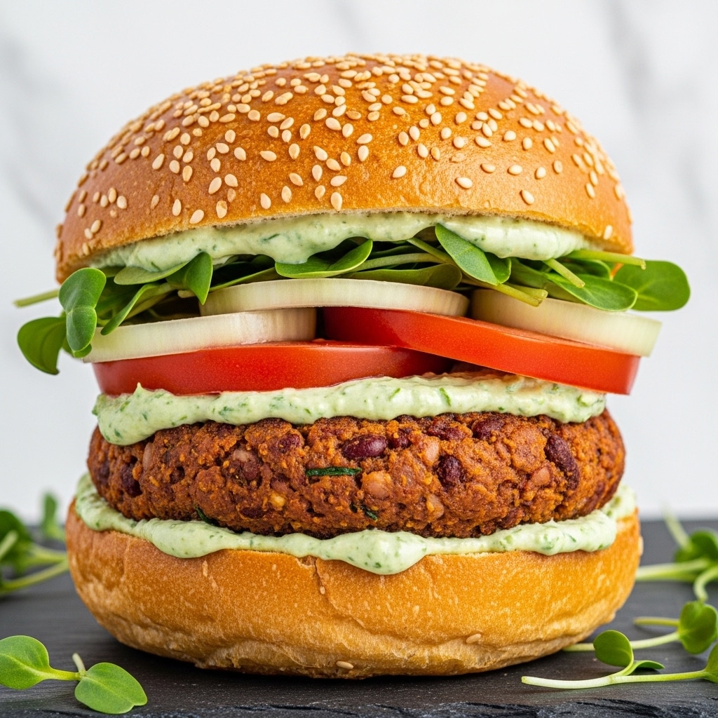 A close-up view of a sandwich with a golden brown sesame seed bun on top and bottom, holding several layers inside. The bottom bun has a spread of green sauce, topped by a thick, textured brown veggie patty. Above the patty, there is a layer of creamy light green sauce, fresh red tomato slices, thinly sliced light green onion rings, and bright green leafy sprouts. The sandwich sits on a dark slate surface with some green sprouts scattered around, and the background is a clean white marbled texture. photo taken with an iphone --ar 4:5 --v 7