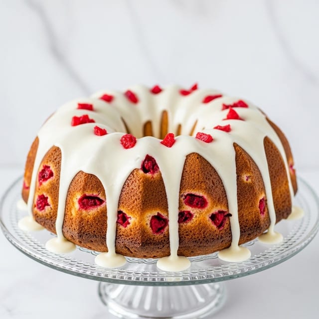 A Bundt cake with a light golden brown color showing through a thick, creamy white icing that drips down the sides in uneven layers. Bright red pieces are scattered throughout the cake, peeking out from the creamy surface and inside the cake's ring shape. The cake sits on a clear glass cake stand with a raised and detailed edge. The background is a soft white marbled texture. Photo taken with an iphone --ar 4:5 --v 7