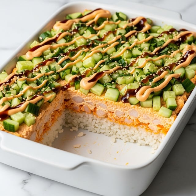 A white rectangular dish filled with a three-layered sushi bake. The bottom layer is white rice with a firm texture, followed by a creamy orange layer of mixed seafood and spicy mayo. The top layer has diced green cucumbers evenly spread, drizzled with light orange spicy mayo and dark brown eel sauce in diagonal lines, sprinkled with green herbs and small white sesame seeds. A portion is scooped out from one corner, showing the neat separation of the layers inside. The dish sits on a white marbled surface. photo taken with an iphone --ar 4:5 --v 7