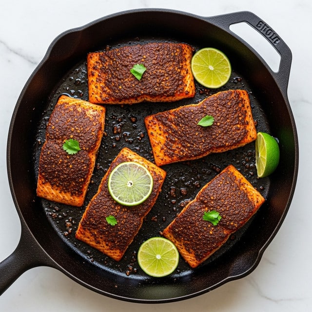 Five pieces of cooked salmon with dark, spicy crusts sit in a black cast iron pan. Each salmon piece has a rich reddish color beneath the deep charred topping. The pan also has small pools of oil around the fish, adding shine to the surface. Three thin lime slices with green edges and light green centers are placed around and on top of the salmon. The pan is placed on a white marbled texture surface. photo taken with an iphone --ar 4:5 --v 7