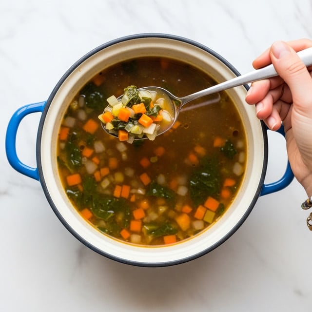 A close-up view of a white bowl filled with a thick vegetable and rice soup. The soup has a greenish broth with visible layers of chopped dark green leafy vegetables, small orange carrot pieces, and white rice or grains mixed throughout. A shiny silver spoon is lifting a scoop of the soup, showing a dense mixture of rice, leafy greens, and carrot bits. The bowl is placed on a white marbled surface. Photo taken with an iphone --ar 4:5 --v 7