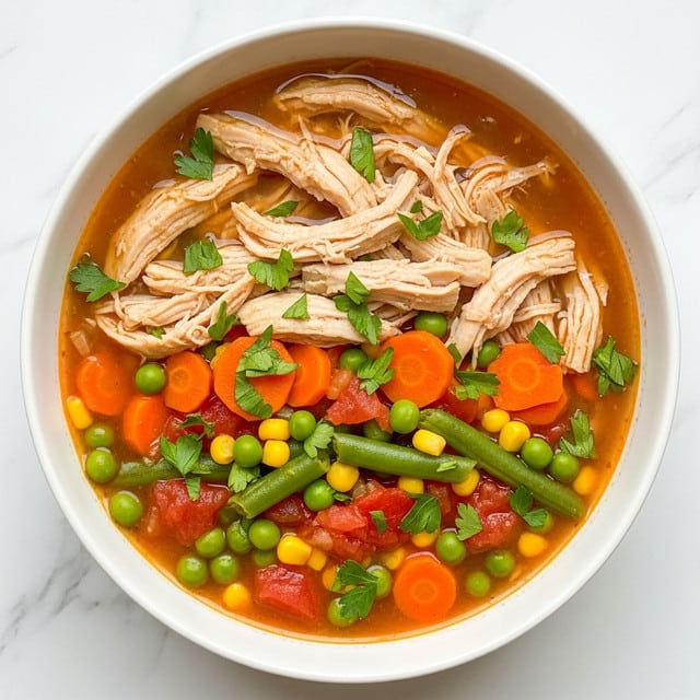 The image shows a white bowl filled with a colorful chicken vegetable soup. The soup has several layers of ingredients: large chunks of light brown shredded chicken, bright orange carrot cubes, green peas and green beans, and yellow corn kernels mixed in a rich reddish-orange broth. Small pieces of red tomato add more color, and fresh green parsley leaves are sprinkled on top giving a fresh touch. The bowl sits on a white marbled surface. Photo taken with an iphone --ar 4:5 --v 7