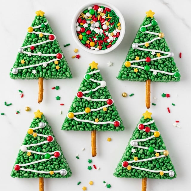 The image shows green Christmas tree-shaped treats made of puffed rice cereal. Each tree has two layers of shiny green cereal mixed together, decorated with small round and star-shaped candy sprinkles in red, gold, green, white, and silver, giving a festive look. White icing is drizzled across each tree in a zigzag pattern, resembling garlands. The tree trunks are made from light brown pretzel sticks placed at the bottom of each triangle. The treats are placed on a white marbled surface, scattered with more colorful sprinkles around them. A small white bowl filled with red, green, gold, and white sprinkles sits near the top center between the treats. photo taken with an iphone --ar 4:5 --v 7