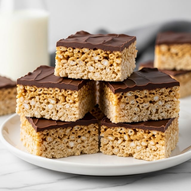 The image shows a stack of five square crispy rice treats with two layers each: the bottom layer is light golden and textured with puffed rice cereal, while the top layer is a smooth, thick dark chocolate that evenly covers the surface. The treats are arranged on a white plate, placed on a white marbled surface. In the background, there is a blurred glass of white milk and a gray cloth. The lighting highlights the shiny chocolate and the crispy texture of the rice layer. photo taken with an iphone --ar 4:5 --v 7
