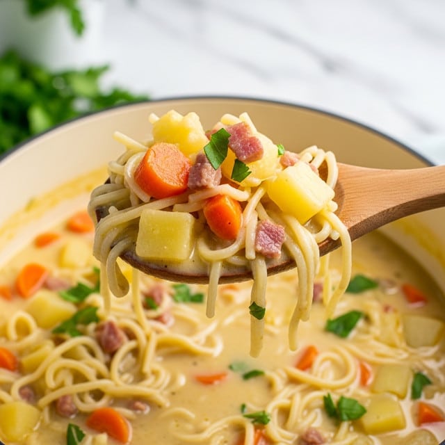This image shows a close-up of a creamy noodle soup being lifted by a wooden spoon. The dish has a thick, smooth, yellowish sauce covering soft, thin noodles that are tangled together. There are small pieces of light-colored chicken and bright orange carrot slices scattered through the soup. Tiny bits of green herbs are sprinkled on top, adding a fresh touch. The background is softly blurred but filled with more of the same noodle soup, resting on a white marbled surface. photo taken with an iphone --ar 4:5 --v 7